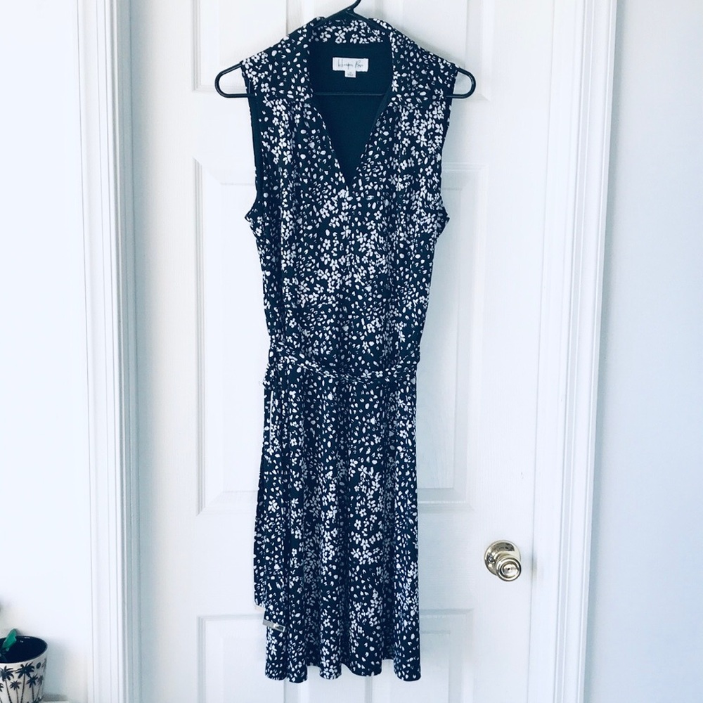 Sleeveless Black with White Floral Dress with Belt